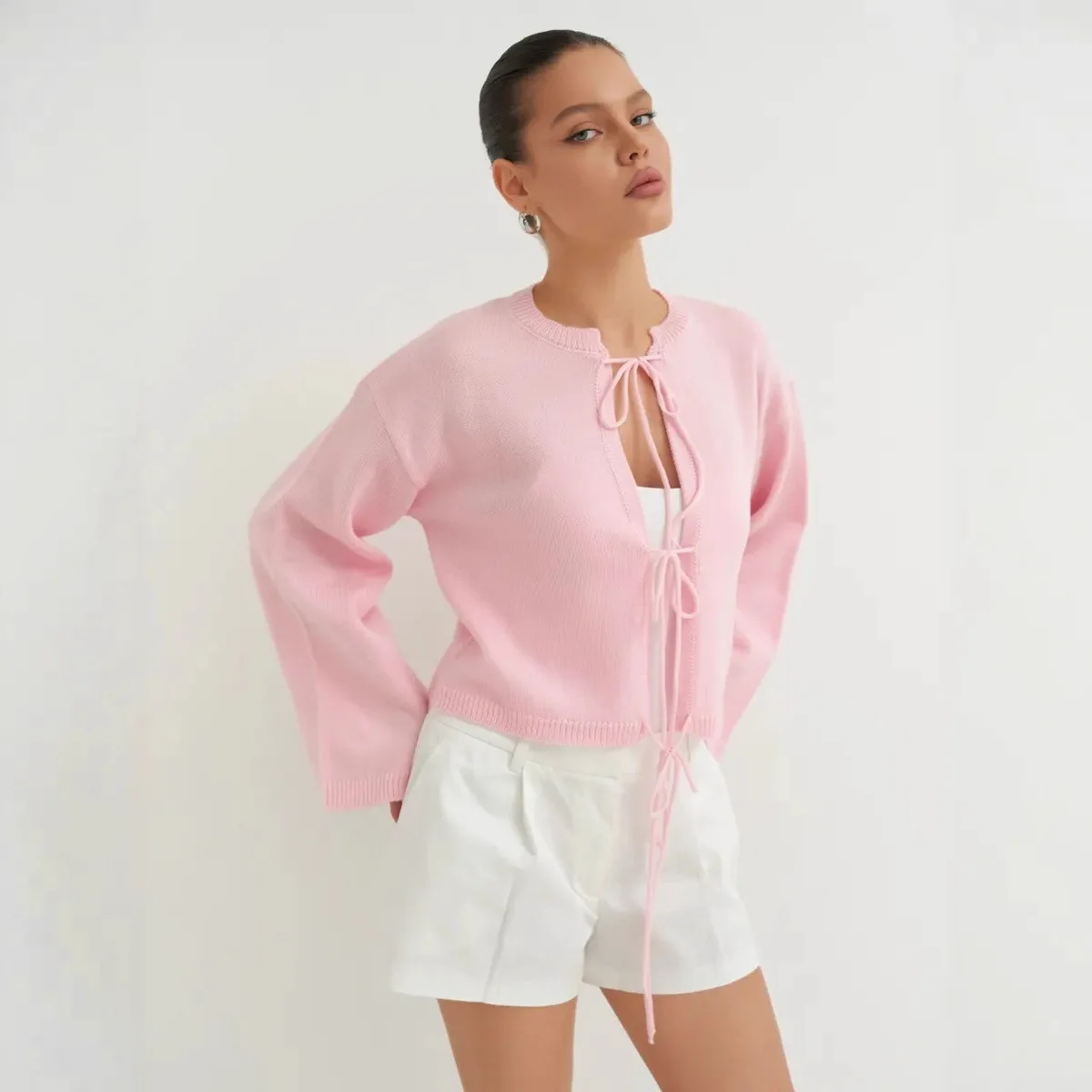 Crew Neck Lace-up Knitted Cardigan Jacket Autumn and Winter 2026 New Solid Color Commuter Simple Sweater Women