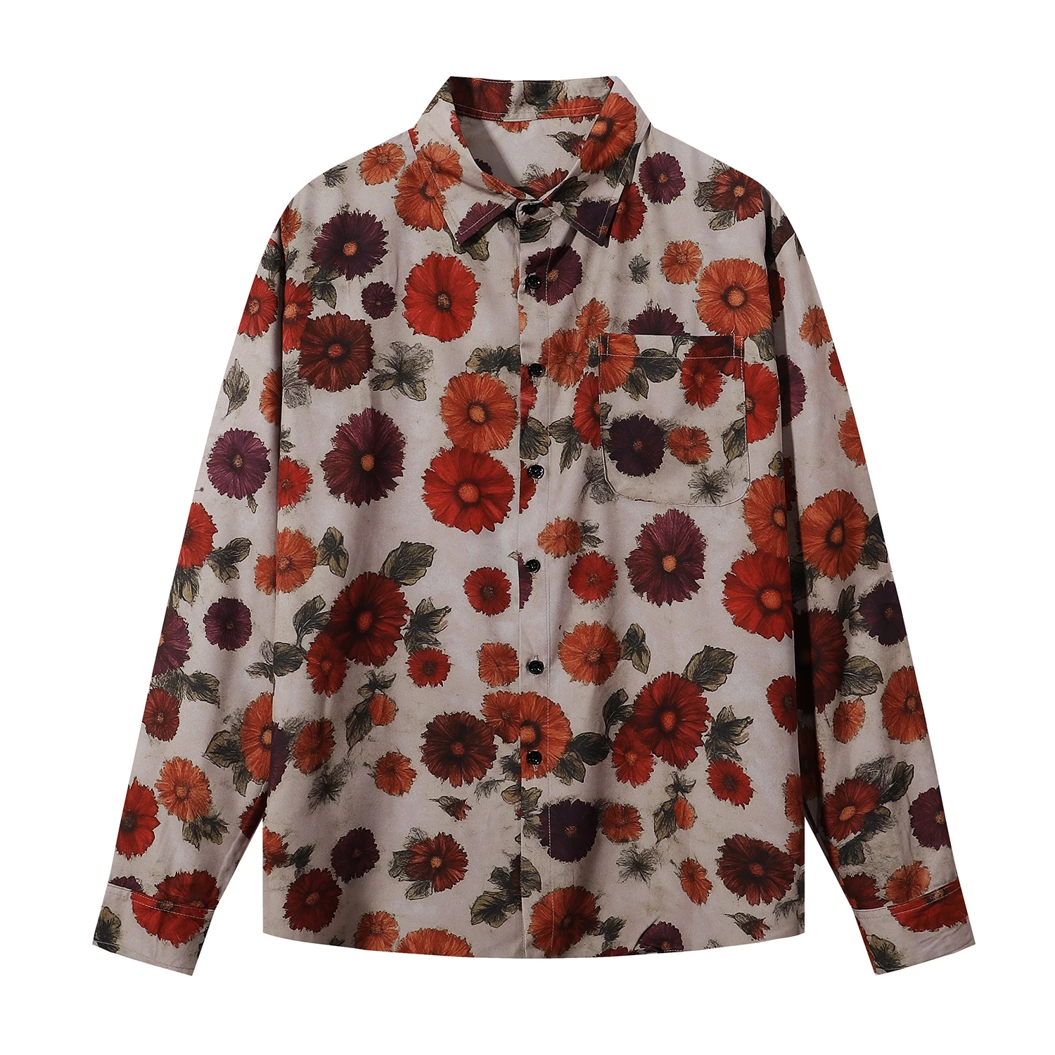 

Весенне-осенняя ретро нарядная рубашка с длинными рукавами и цветочным принтом для мужчин и женщин, свободная унисекс, красивая гавайская рубашка Rascal