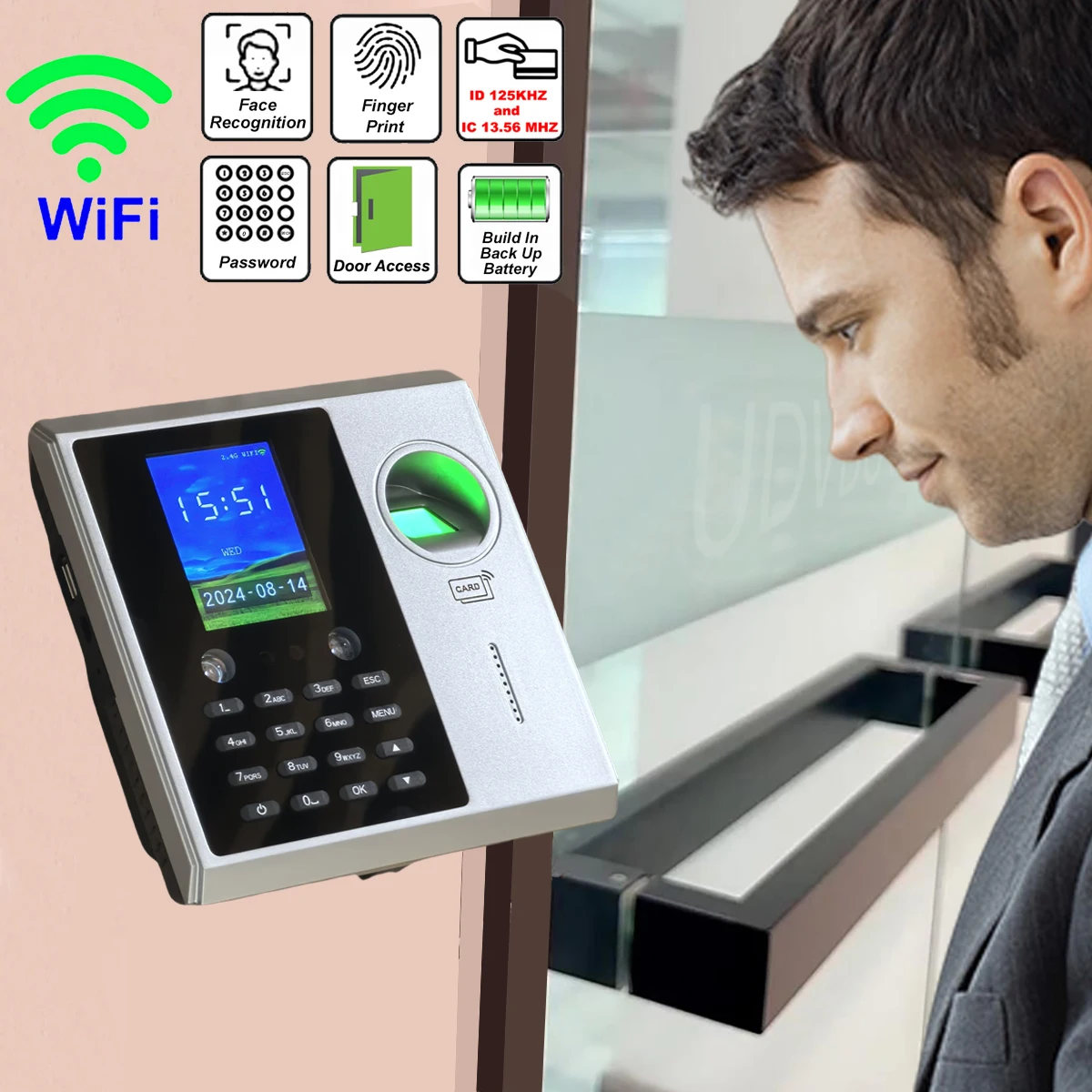 WiFi TCP/IP Biometric Face Time Attendance with 125khz RFID 13.56MHZ IC Back Up Battery Fingerprint Employee Time Clock Recorder