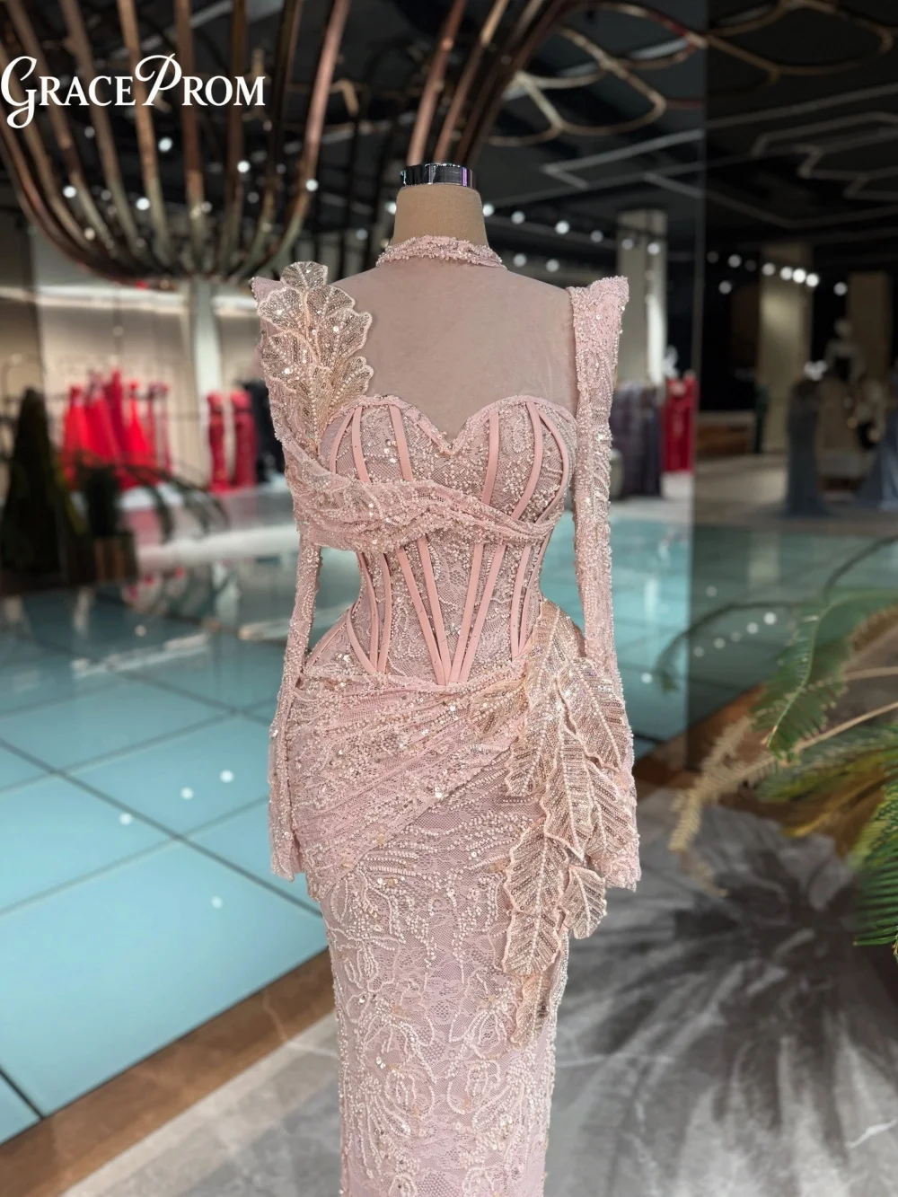

Luxury Dusty Rose Evening Gown Regal High Neck Corset Bodice Long Sleeve Lace Formal Party Dress for Wedding Guests فساتين سهرة