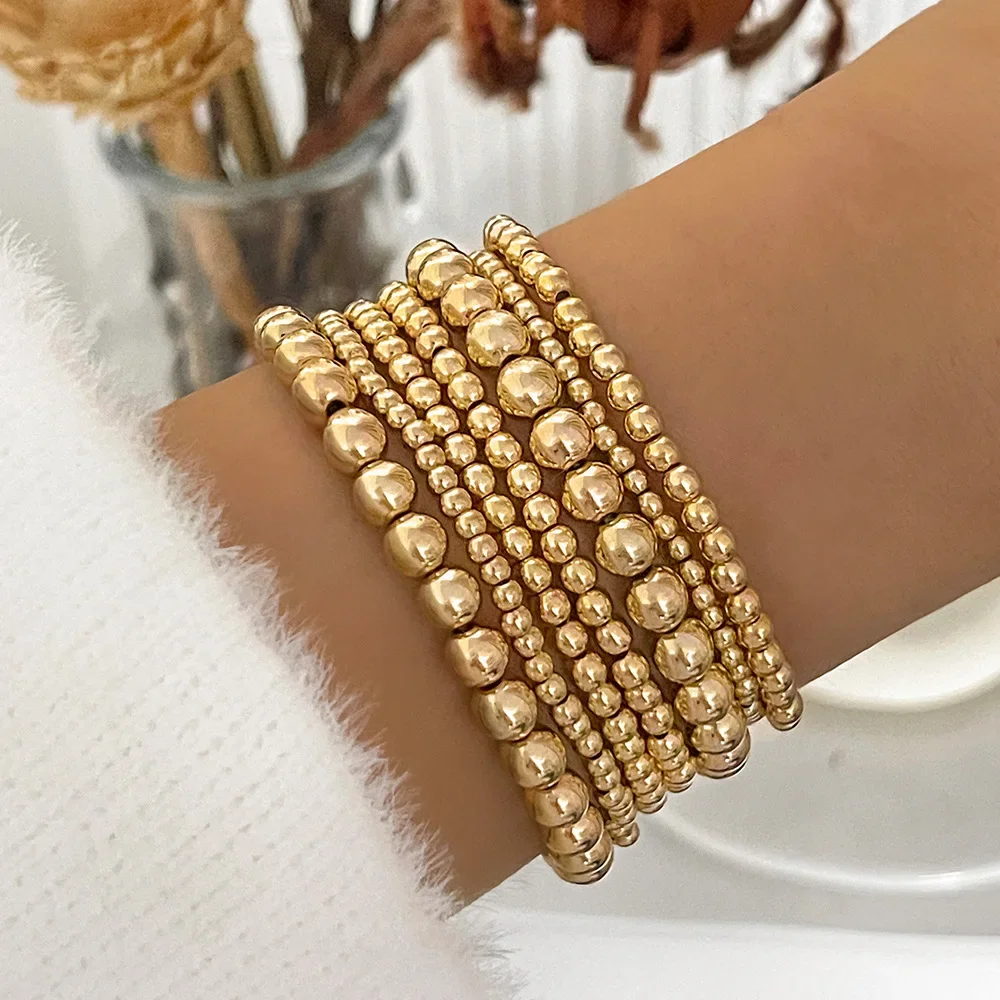 Trend Stretch Stainless Steel Bracelets Gold Sliver Color 2MM 5MM 8MM Stacked Ball Beaded Bracelet For Women Men Jewelry