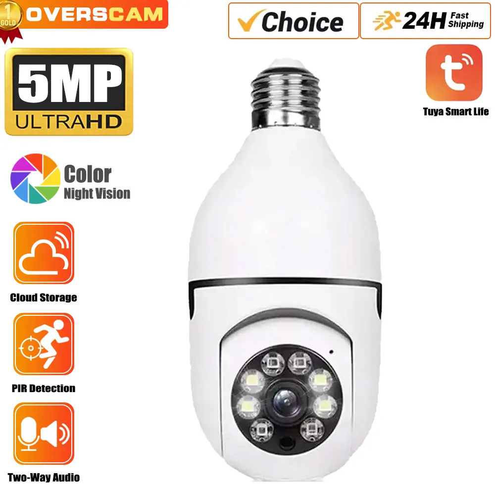 5mp tuya wifi e27 lâmpada de vigilância em casa inteligente proteção câmera ip cor nightvision pista automática vídeo segurança pet monitor do bebê