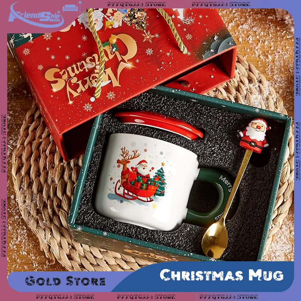 

Christmas Mug Gift Box with Lid and Spoon Set Ceramic Cartoon Santa Claus Pattern Coffee Cup Children Gift Office Drinkware Mugs