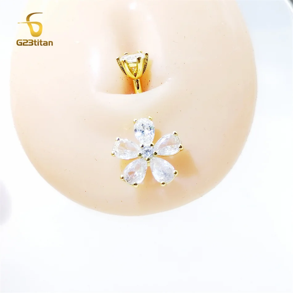 G23titan White Zircon Flower Titanium or Steel Belly Button Ring 1.6mm 14G Curved Barbell Navel Bar Piercing Women Body Jewelry image 5