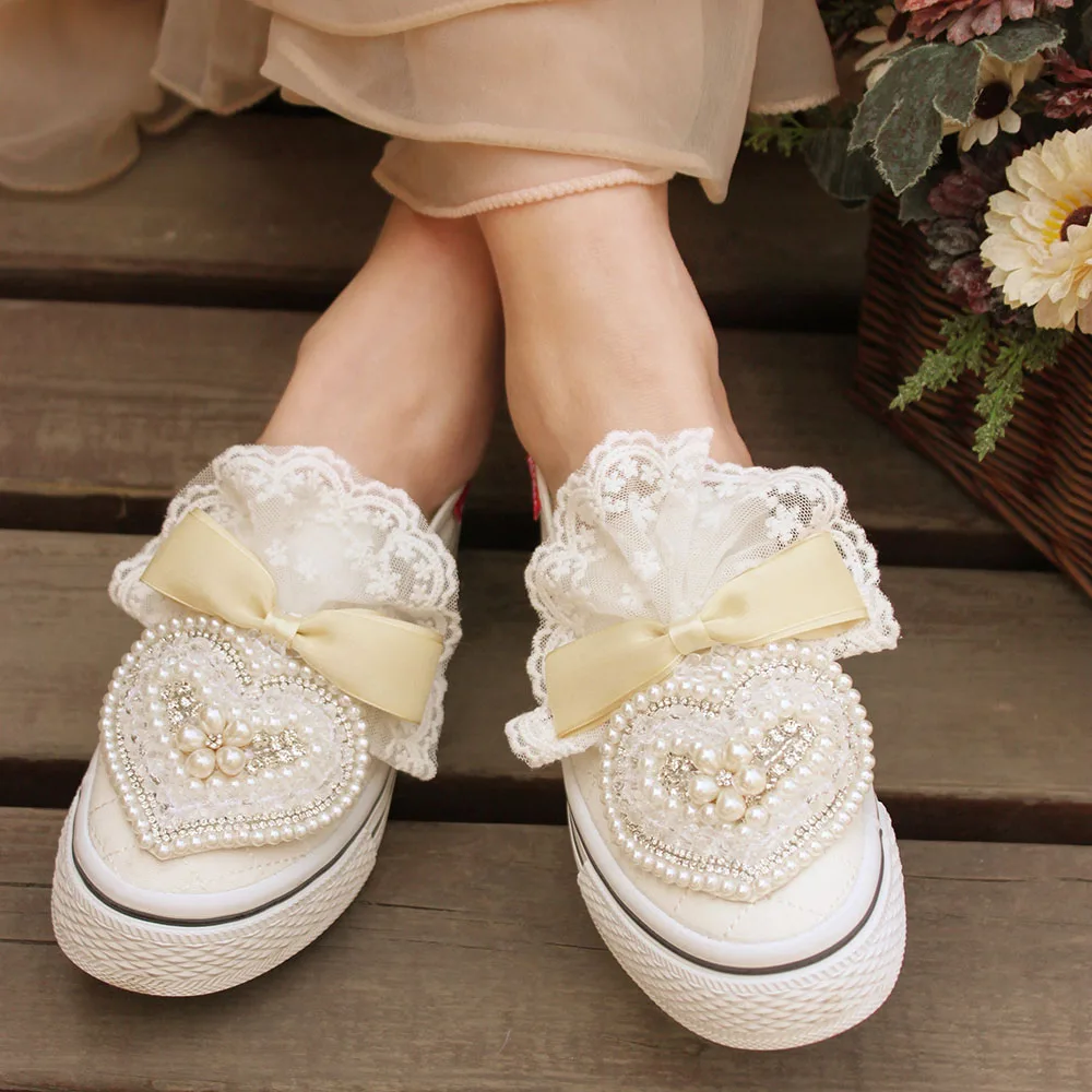 Handmade Crystal lace Princess Shoe Size 40  Autumn Flats Women Shoes Slip-on Lazy Canvas Shoes Loafers Zapatos Mujer