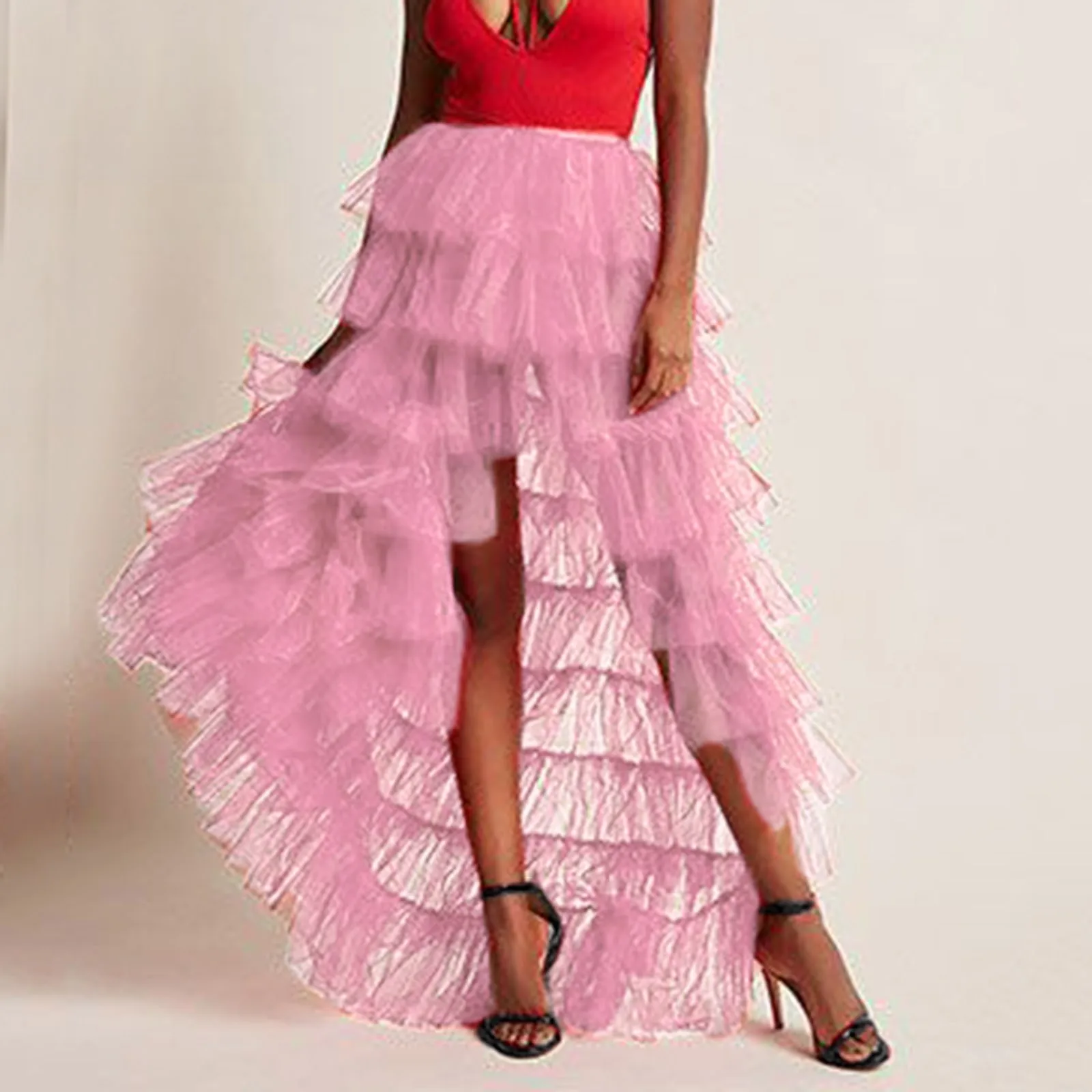 

Solid Color Ruffles Party Asymmetrical Tulle Skirt For Female High Waist Cake Half Body Skirts Pleated Bubble Women's Long Skirt