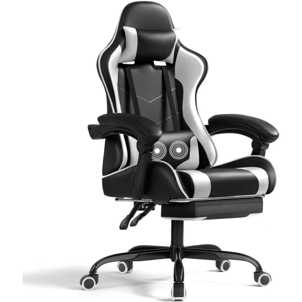 Gaming Chair with Footrest and Massage Lumbar Support, Video Game Chairs 360°Swivel and Height Adjustable