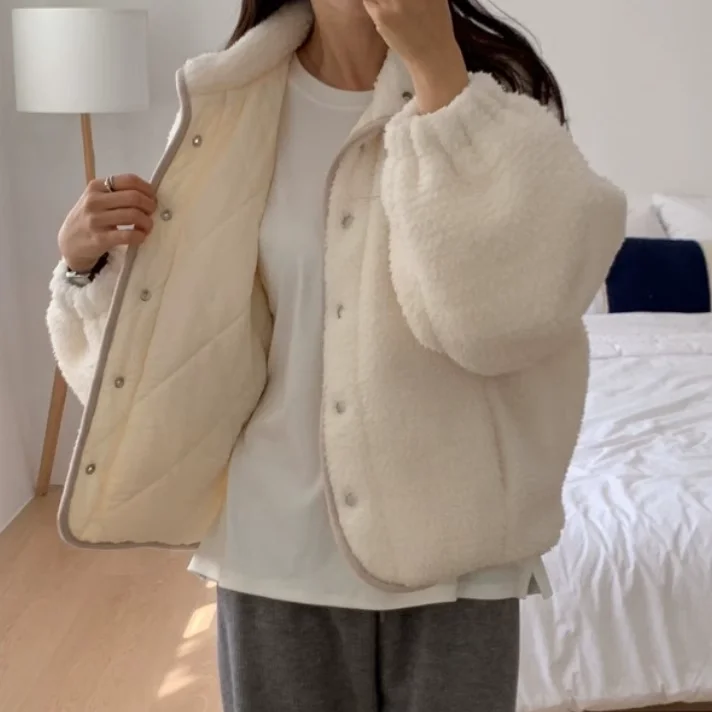 Chaqueta de piel de cordero holgada para mujer, Color puro, cuello levantado, un solo botón, algodón enriquecido, novedad de invierno, abrigo coreano Sle