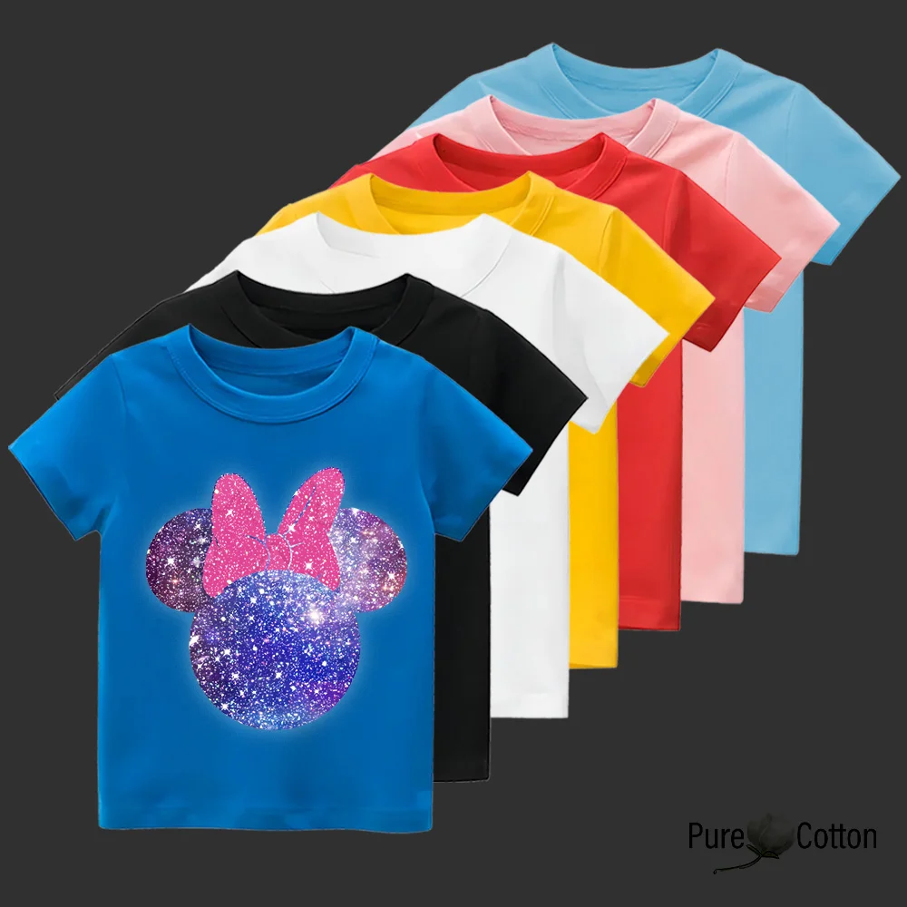 Breathable top T-shirt Skin friendly children's girls clothing cartoon powder bow Dazzle print round neck short sleeve T-shirt