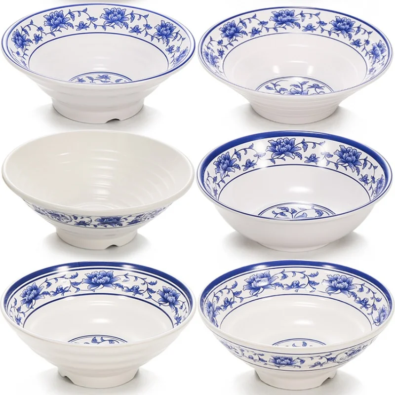 Cuenco de plástico de porcelana azul y blanca de melamina, cuenco de Ramen de imitación para restaurante, platos, cubiertos de cocina para el hogar