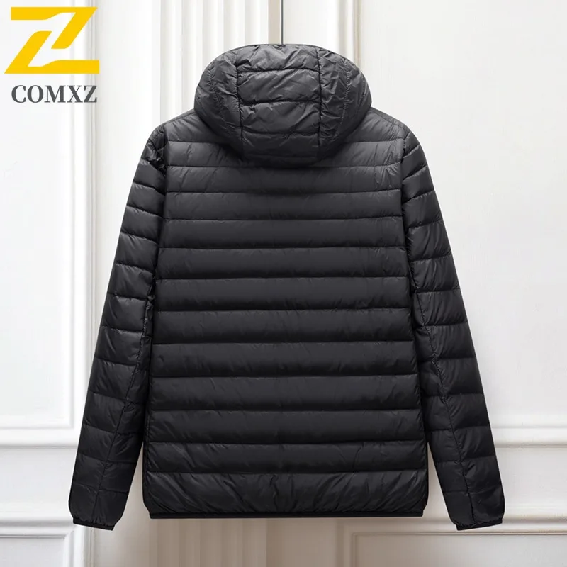 COMXZ Luxurious Men Down Jacket Hooded Commuting Office Ultra Light Puffer Jacket Travel Comfort Windproof Warm Winter Coat