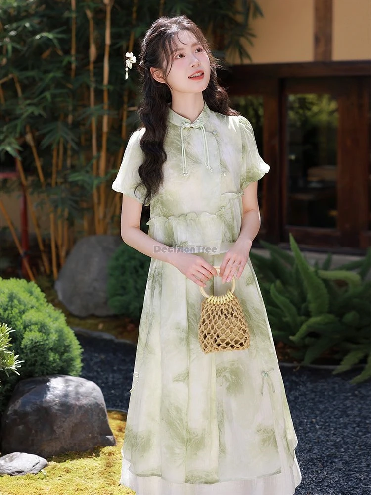 2025 new chinese style disk-buckle asymmetrical design lace short sleeve cheongsam blouse + long skirt tang suit set female b226