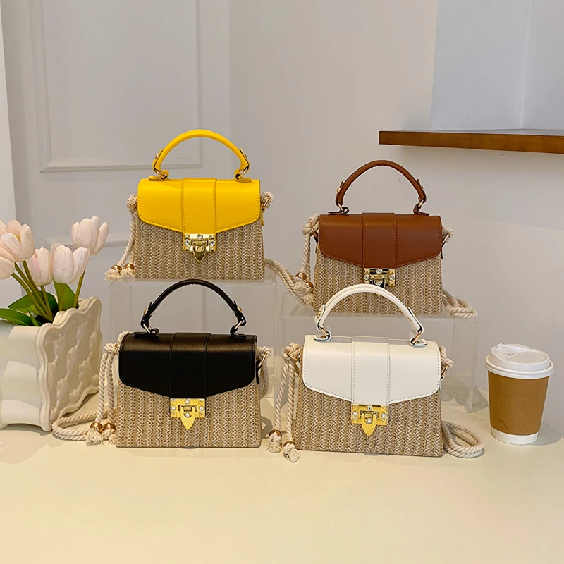 PU and Straw Splicing Square Hand Bags Hasp Rope High Quality Shoulder and Crossbody Bags for Women 2024 Casual Hot Sale Summer