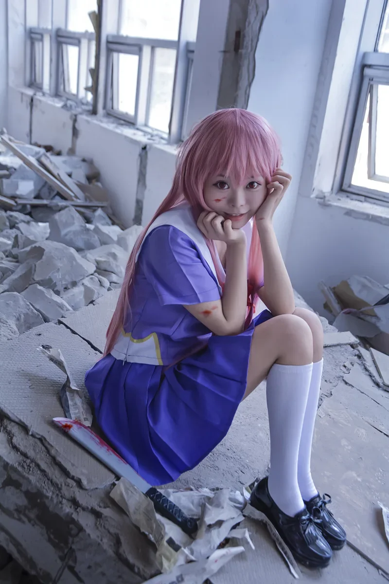 Gasai Yuno Cosplay Anime  journal Gasai Yuno Mirai Nikki Cosplay Costume  uniforme arc jupe courte perruque Halloween costumes view 6
