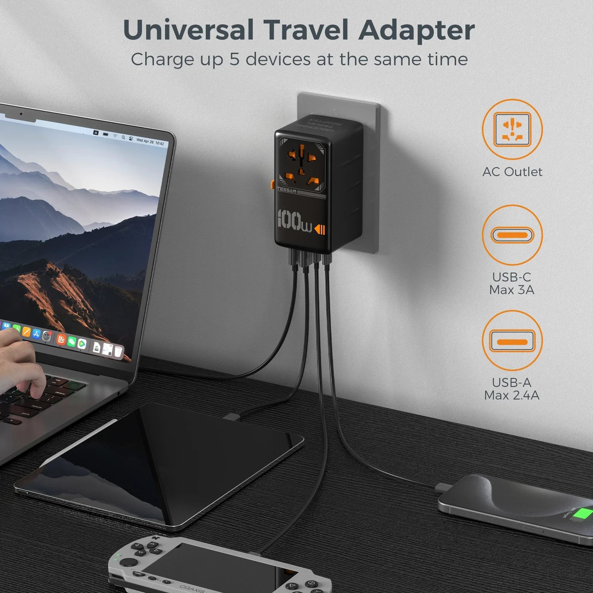 Adaptador de viaje Universal TESSAN 100W GaN con USB y tipo C adaptador de enchufe internacional de carga rápida enchufe UE/REINO UNIDO/EE. UU./AUS