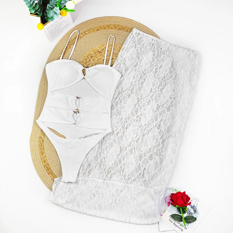 Conjunto de Bikini de encaje Sexy para mujer, traje de baño de 3 piezas, vestido Maxi, ropa de playa a la moda, traje de baño para mujer 2025