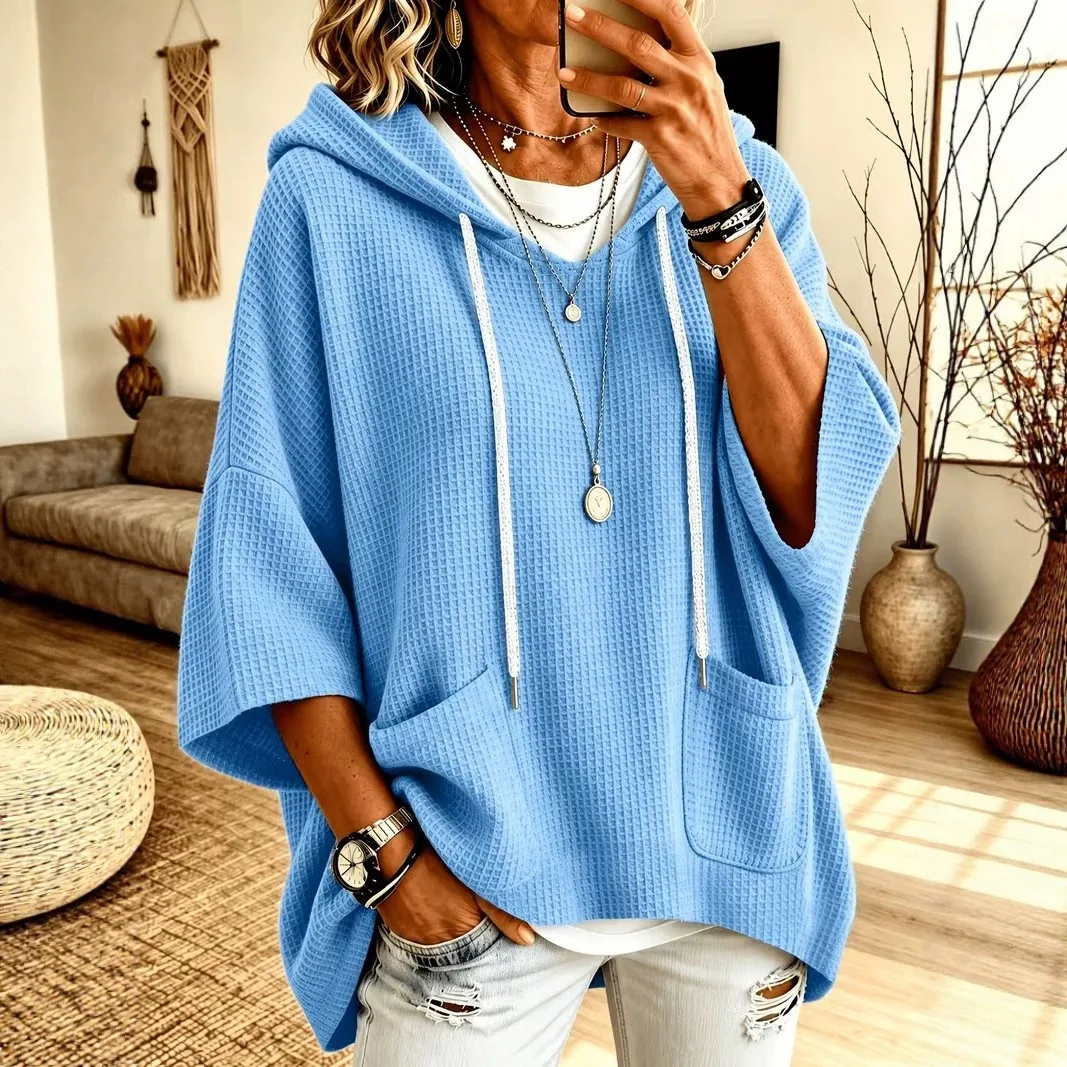 Hooded Loose Fit Hoodie Elegant with Commuter Chic Pullover Standard Thickness Three Quarter Sleeve Hooded Neckline Women Hoodie