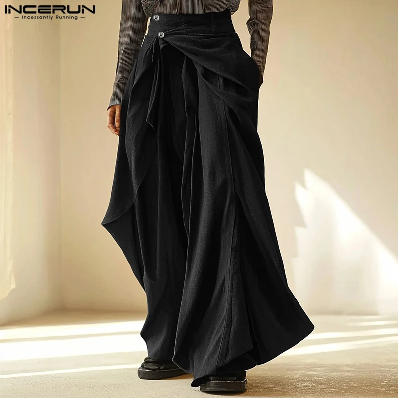 INCERUN 2025 Korean Style Trousers Stylish Men Irregular Fake Two-piece Design Pant Casual Well Fitting Solid Wide Leg Pantalons