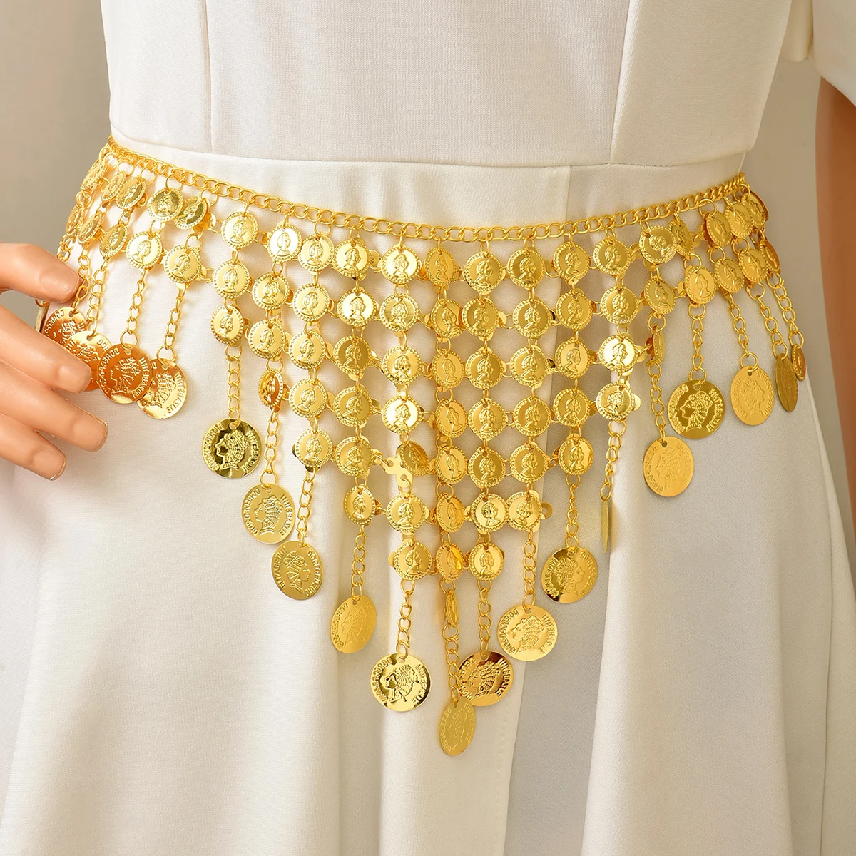 

Позолоченный марокканский свадебный пояс, винтажная этническая многослойная цепочка на талию с резными портретами и кисточками в ближневосточном стиле для свадебного платья