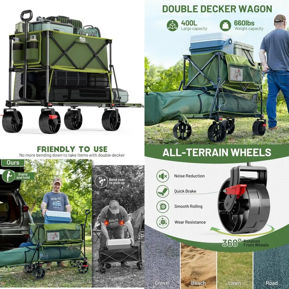 Large Capacity Folding Double Decker Wagon with Brakes, 54 Extra Long Extender Cart, 660lbs Heavy Duty for Outdoor Adventures