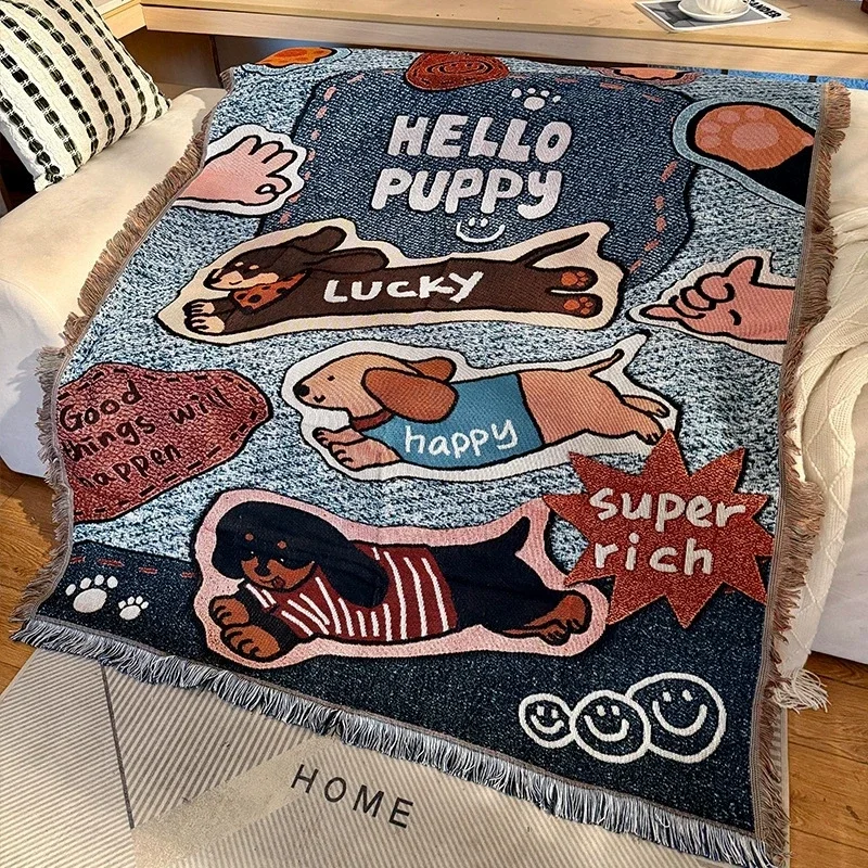 Korean Kawaii Cat Dog Throw Blanket for Beds Cartoon Animal Camping Picnic Mat Outdoor Blankets Tapestry Sofa Home Decoration