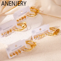 ANENJERY 316L Stainless Steel 6 Pieces Circle Heart Star Flower Pendant Earring for Women Simple Jewelry Gifts Wholesale