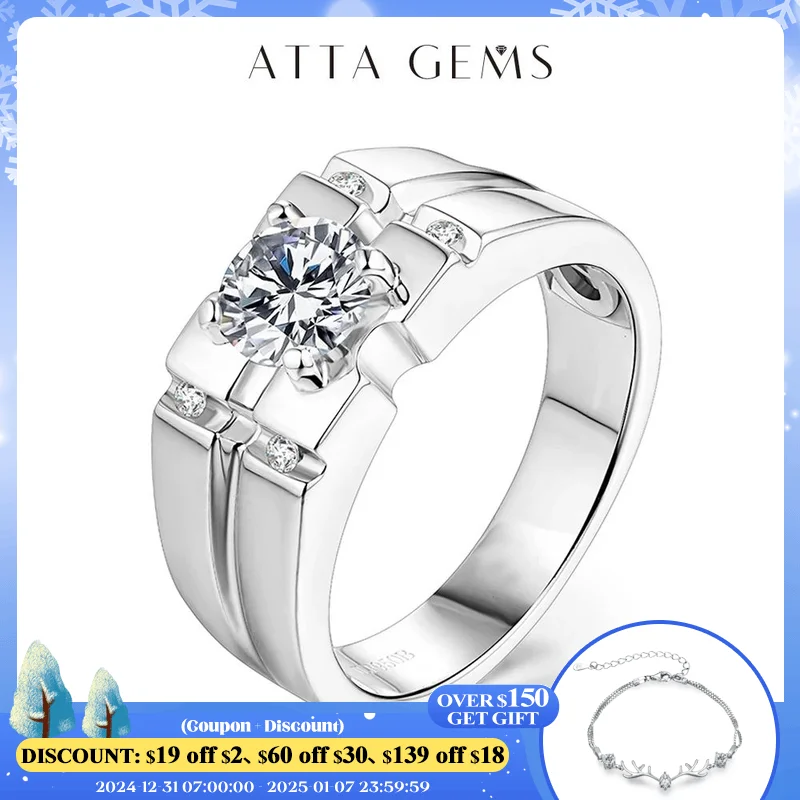 Attagems 925 Sterling Silver Moissanite Ring For Men Wedding 1.0ct Round Moissanite Center Channel Sides Men's Diamond Rings