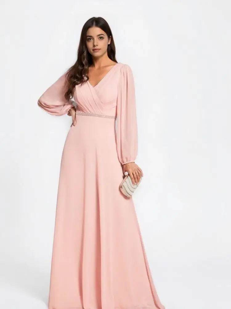 

Beshinel Customized Pink V-neck Long Sleeve Sequins Chiffon Bridesmaid Dress A Line Waist Floor Length for Wedding Guest