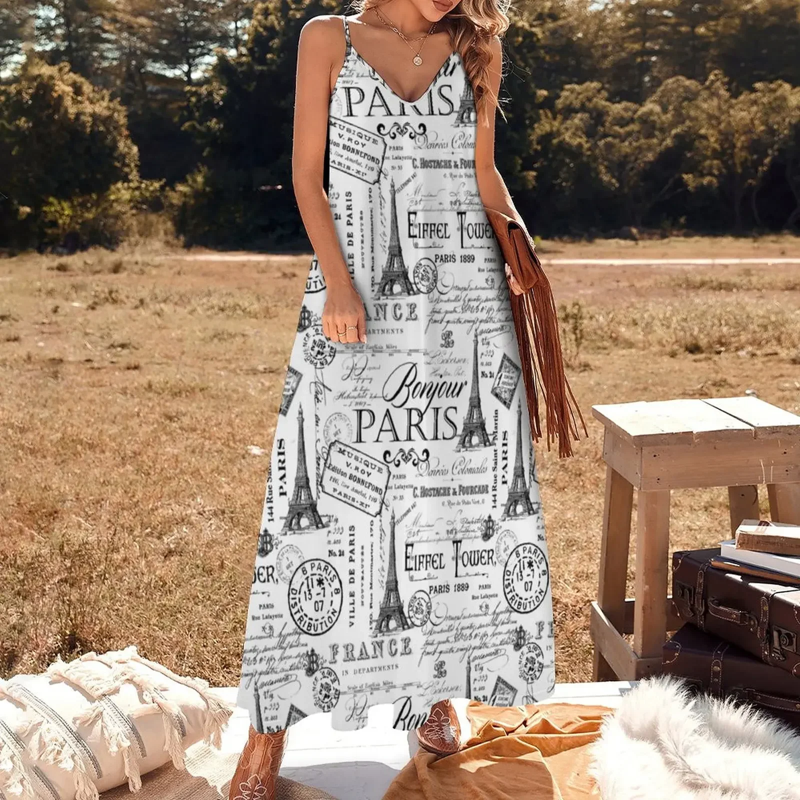 Vintage Paris Black And White Nostalgic Pattern Sleeveless Dress womens dress Summer skirt dress dresses