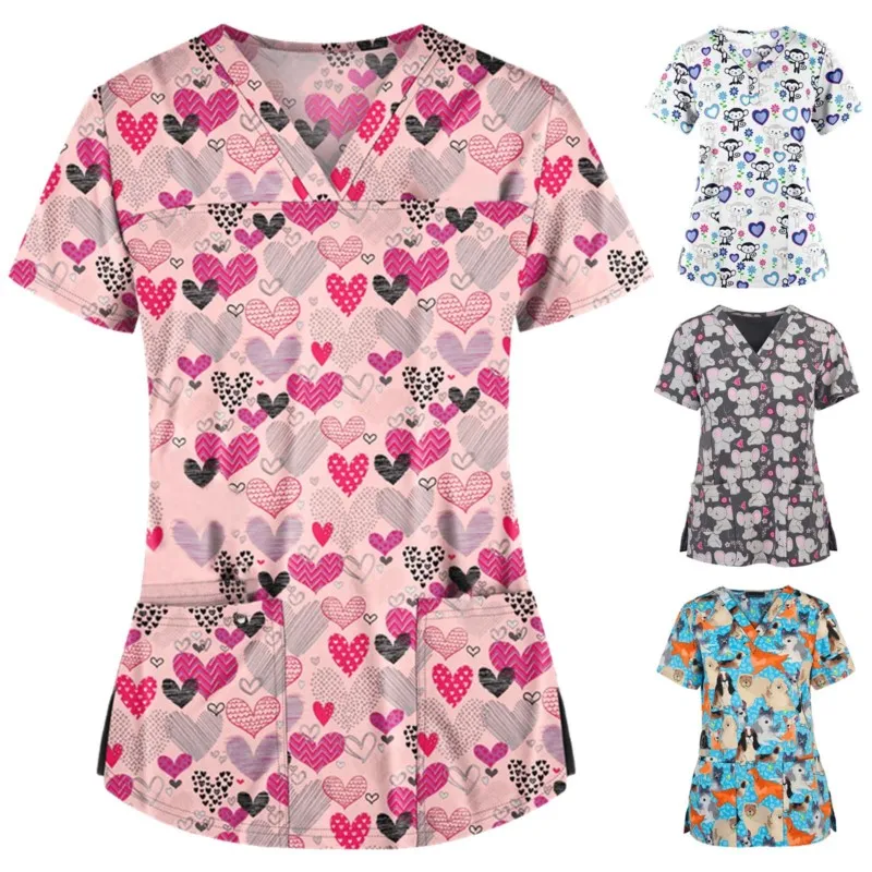 

Thin Scrub top Short sleeve printed nurse uniform Loose Doctors Surgical suit Hospital Nursing Blouse Tee Beauty Salon Workwear