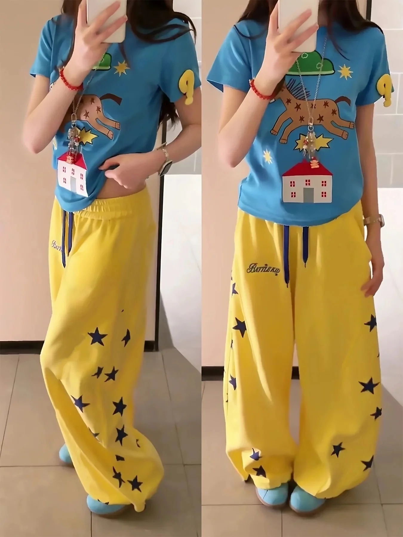 Men's and women's quick drying straight leg pants with star shaped letter printed casual pants, loose outdoor sports wide pants