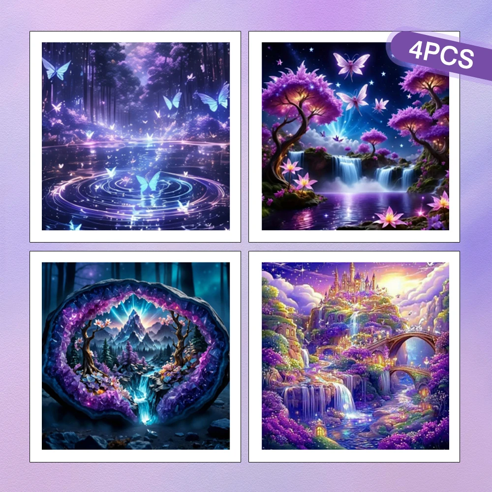 HUACAN 4PCS Komplette Kits Diamant Malerei Fantasie Landschaft Schmetterling Volle Runde Bohrer Mosaik Berg Baum Haus Wohnkultur