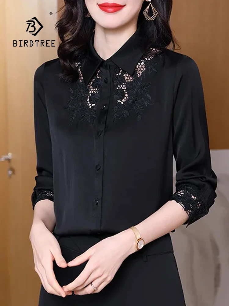 

Birdtree Woman Elegant Long Sleeve Embroidery Fashion Blouses,91.8%Real Silk Hollow Out Lace Shirts,2024 Spring New T41150QC