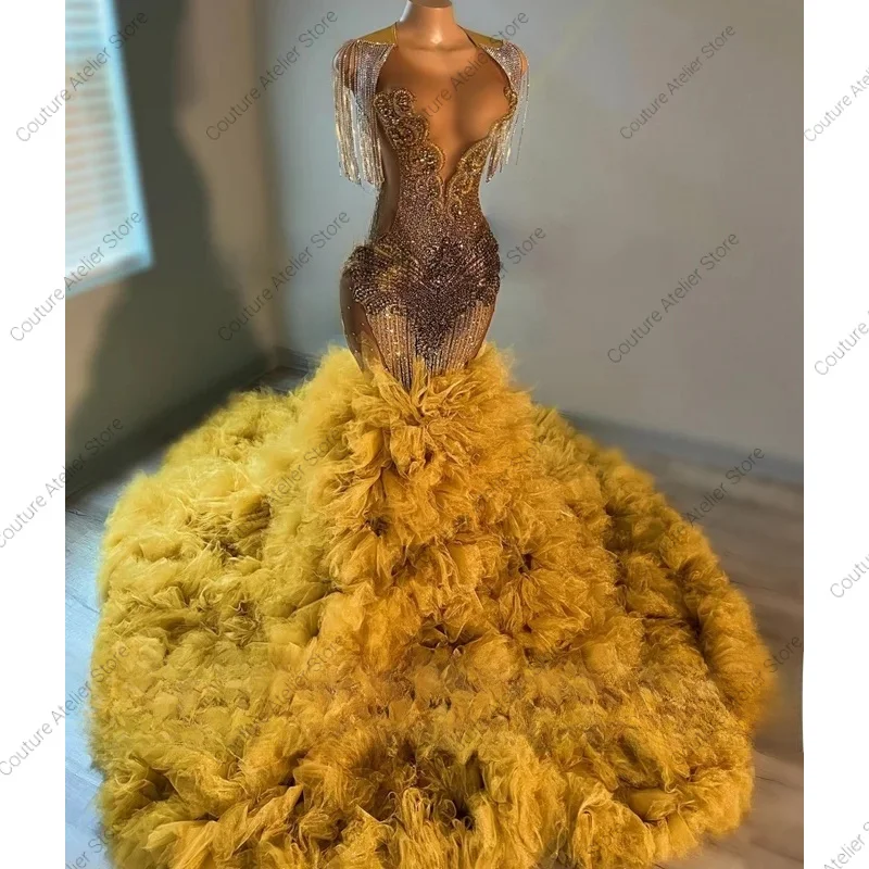 

Блестящее золотое платье русалки для выпускного вечера с блестящими бусинами и кристаллами со стразами и рюшами для дня рождения, Vestidos De Graduación по индивидуальному заказу