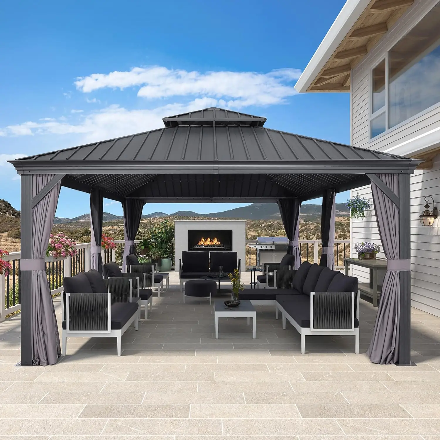 12' x 24' Large Pavilion with Galvanized Steel Double Roof Outdoor Terrace Gazebo, Grey