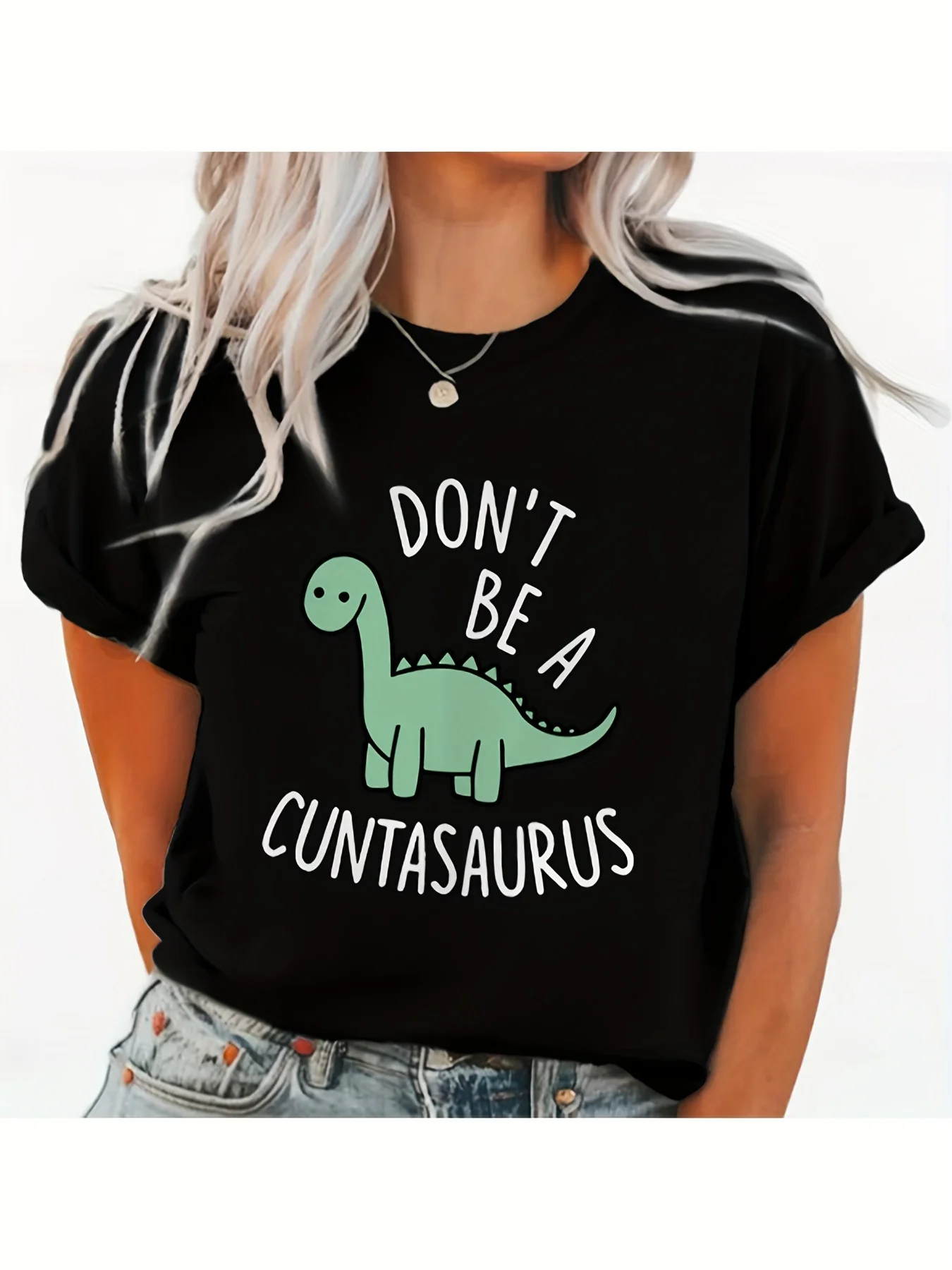 

Футболка с круглым вырезом и мультипликационным принтом динозавра, повседневный Свободный Топ с коротким рукавом для весны и лета, женская одежда