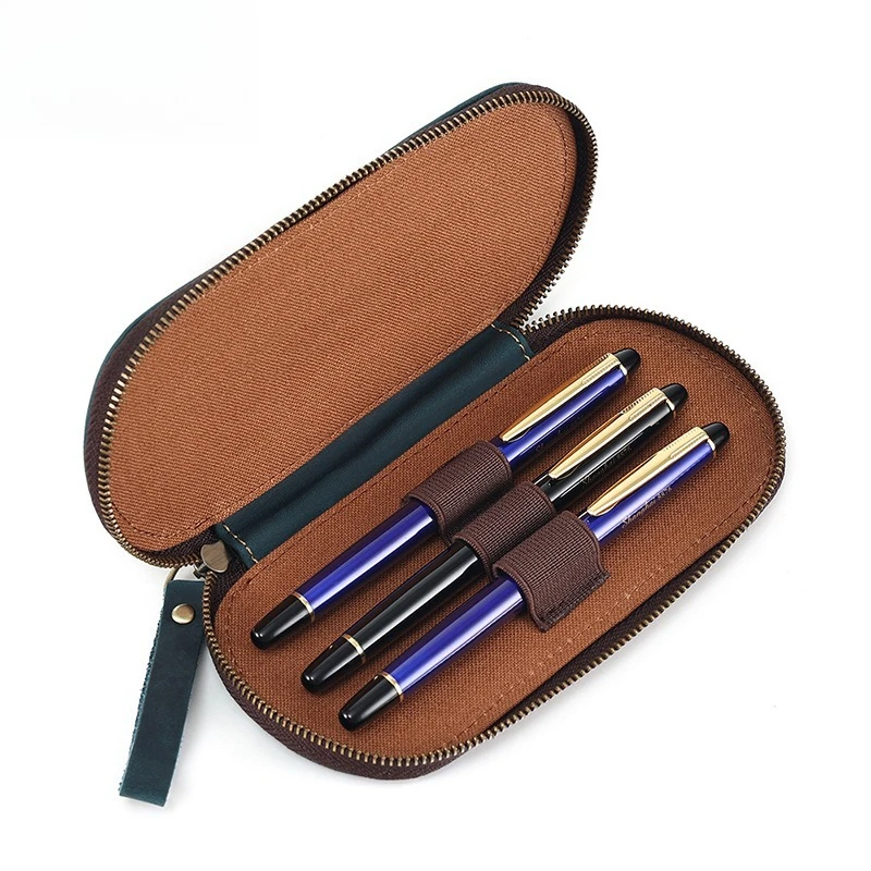 

Leather Pencil Case Zipper Retro Pen Pouch for School Students Cowhide Men Pencil Bag with Pen Slots Wholesale Unisex