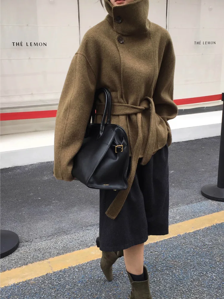 DFDG 2025 Fall Winter Women’s Handmade Wool Coat Double-Faced Belted Cropped Jacket Oversized Stand Collar Designer Outerwear