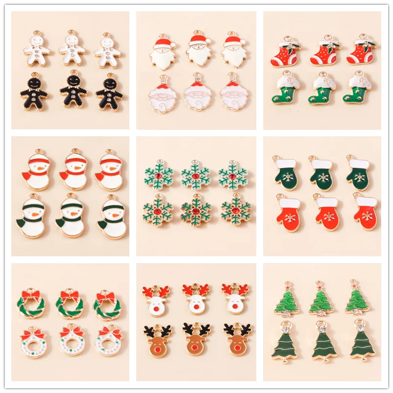 Leslie 10pcs Enamel Christmas Charms Gold Color Snowflake Tree Stocking Deer Charms for DIY Jewelry Making Xmas Earrings