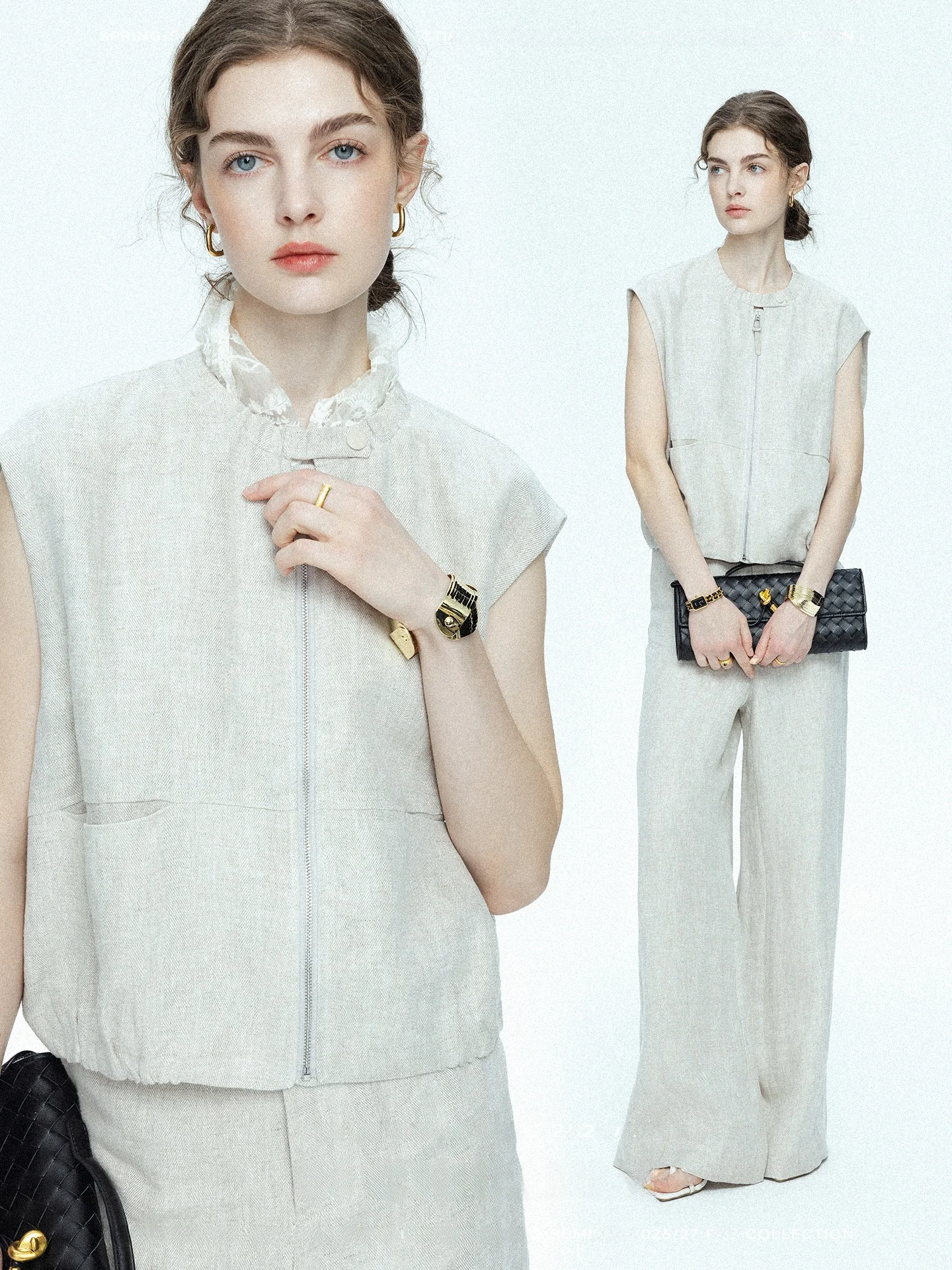 

Льняной дышащий женский комплект: брюки с высокой талией и укороченный топ без рукавов с круглым вырезом. Модный тренд весна-лето.