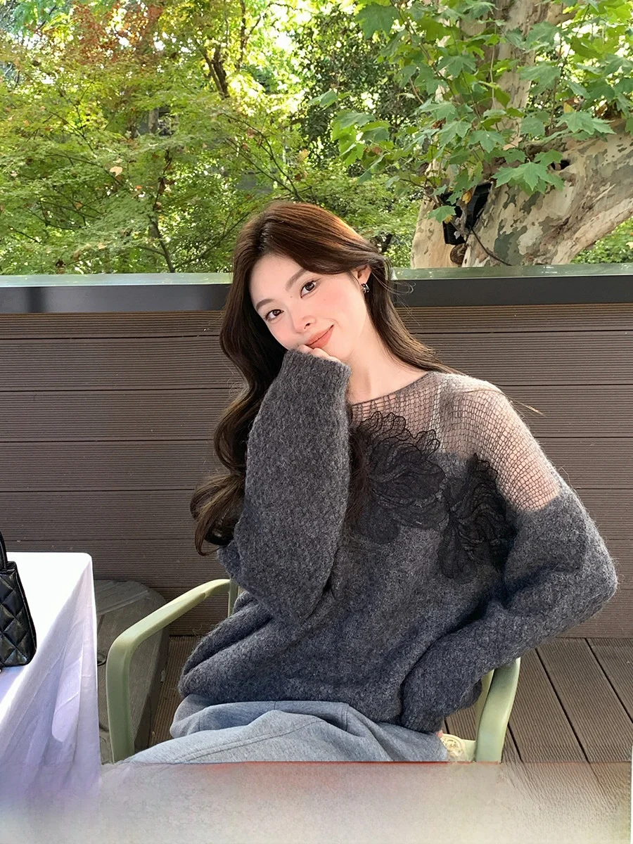 

Женский свитер INON из альпаки с кружевным цветочным узором, ажурный, свободного кроя, с круглым вырезом и длинными рукавами, весна-осень