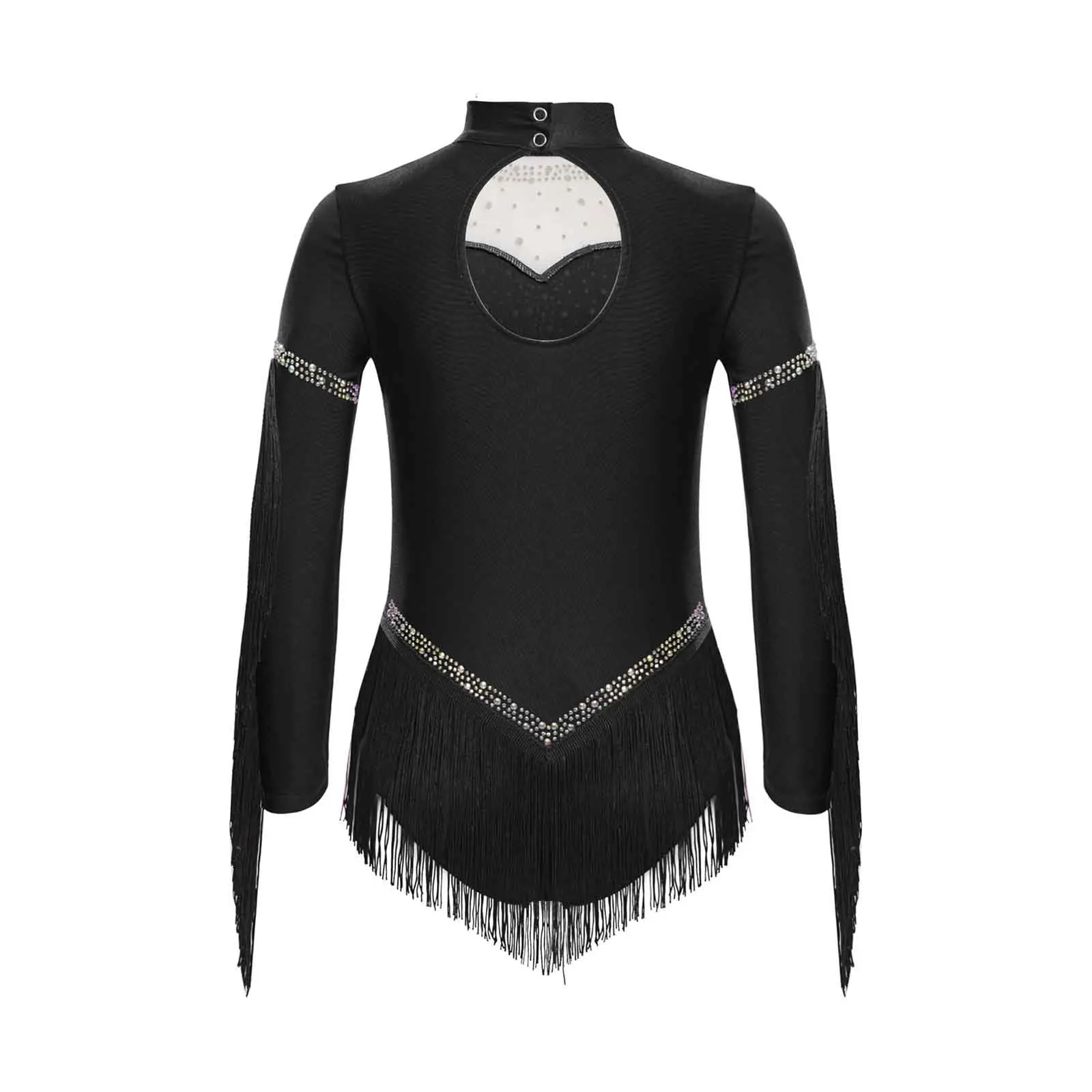 Girls Fringe Latin Ballet Dance Jumpsuit Tango Cha-Cha Costume Long Sleeve Rhinestones Tassels Figure Skating Gymnastics Leotard