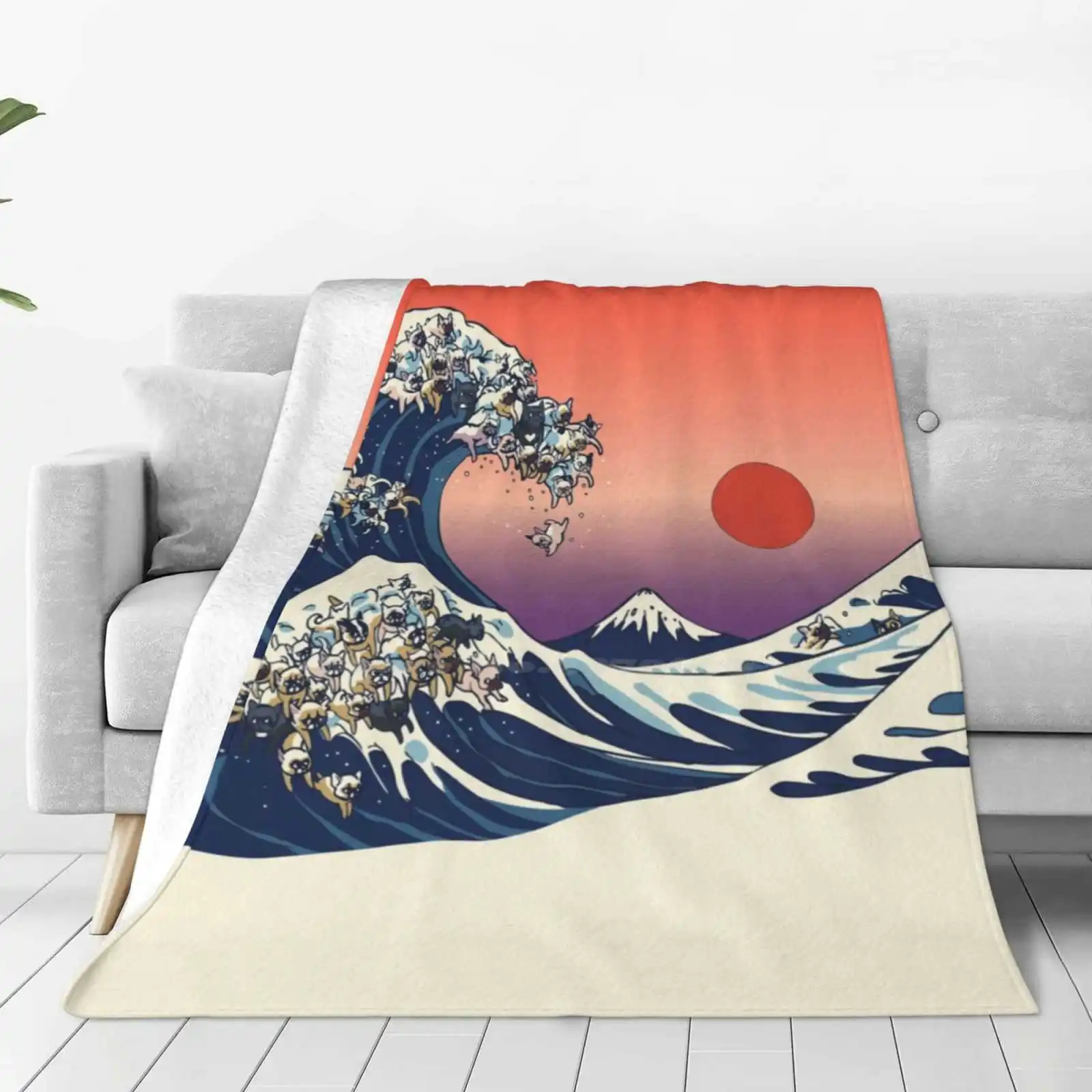 The Great Wave Of French Bulldog Shaggy Throw Soft Warm Blanket Sofa/Bed/Travel Love Gifts Frenchie Hokusai Wave French Bulldog