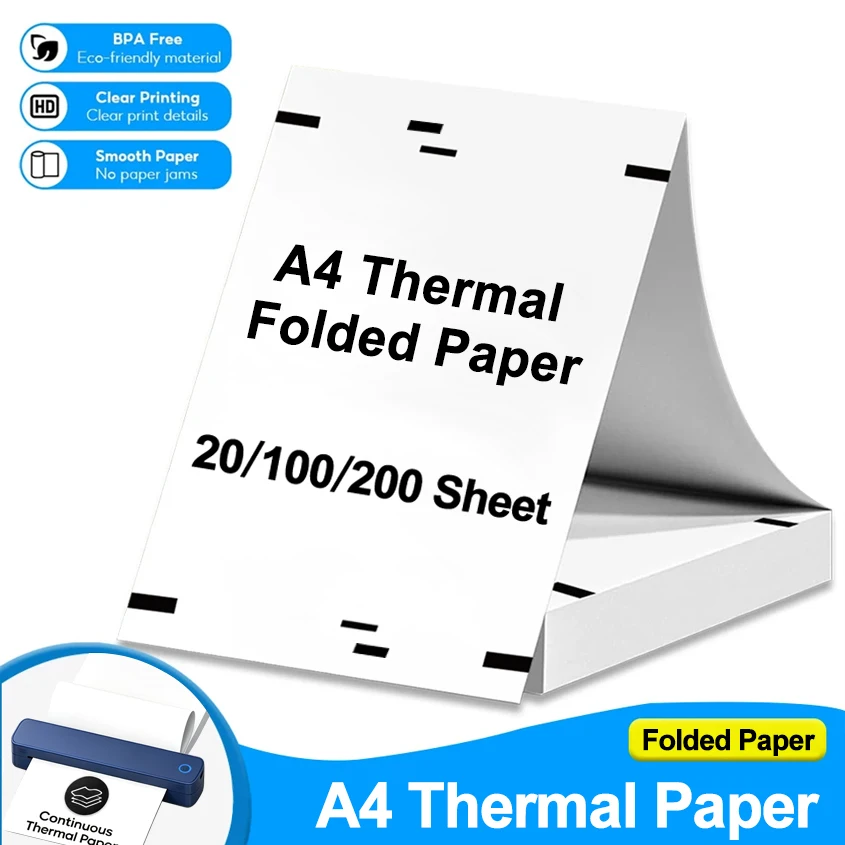 20/100/200 Blatt A4-Thermopapier, schnell trocknend, 210 mm, gefaltetes Papier für tragbare A4-Thermodrucker, Druckpapier für Büro und Zuhause