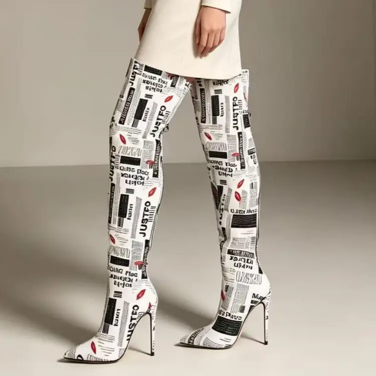 2026Autumn and Winter Women's Newspaper Printed Knee High Heels, Fashionable Pointed Toe Party Fashion, Women's Thigh Boots
