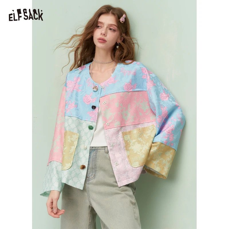 ELFSACK Women's Patchwork Floral Embroidery Jacket, Vintage Chinese Style Long Sleeve Cardigan with Pastel Color Block Design
