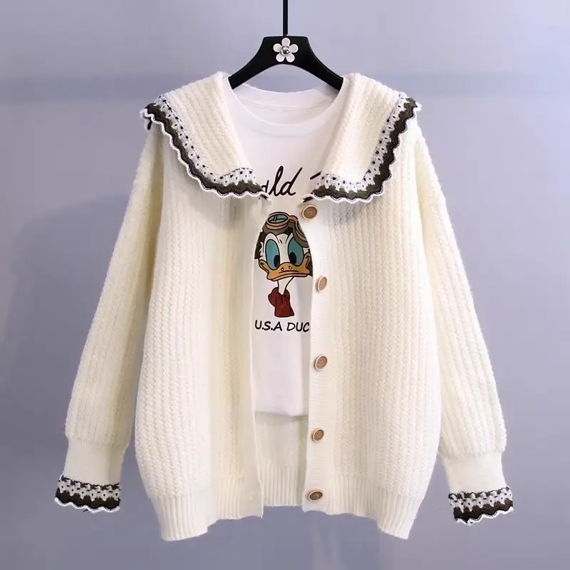 Cute Girl Doll Neck Sweater Cardigan Coat Women's Contrast Button Preppy Style Autumn New Versatile Casual Patchwork Knitted Top