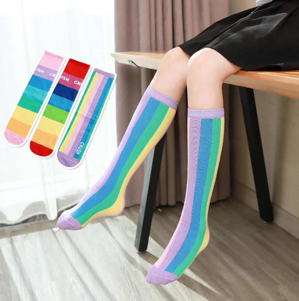 

Spring Autumn Girls Cotton Lovely Rainbow Multicolor Kids Children Knee High Socks Infant Baby Over Stockings