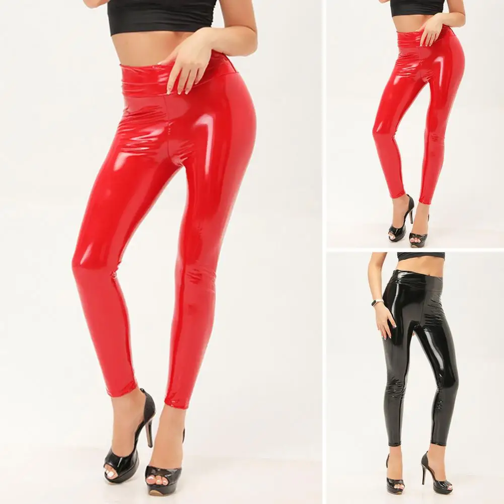 

Shiny Mirror Surface Pants Stylish Women's Faux Leather Pants Sexy Nightclub Trousers with High Waist Slim Fit Elastic Waistband