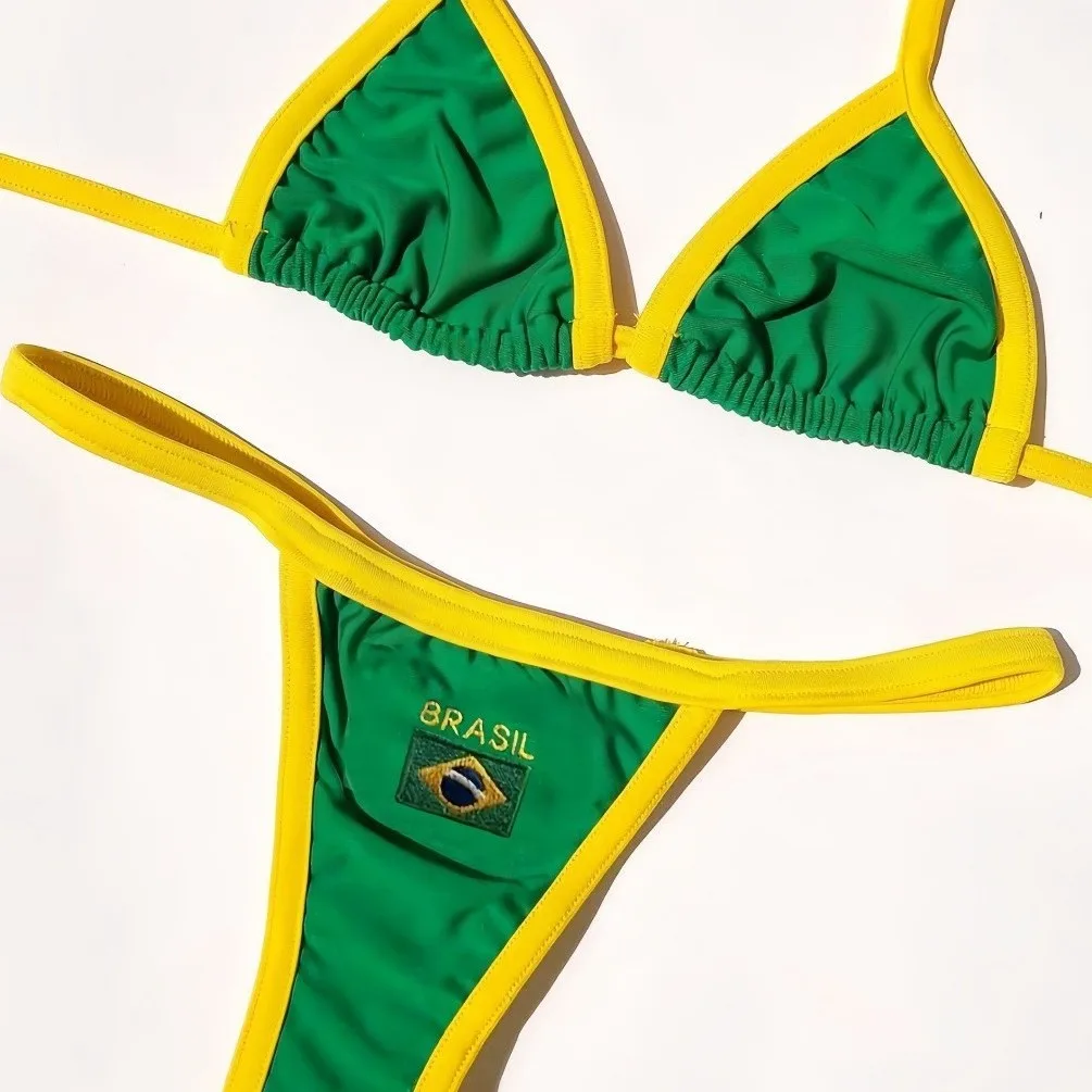 Sexy Embroidery Brasil Flag Contrast Split Bikini Set Women Swimwear Patchwork Two Piece Swimsuit Summer Beachwear